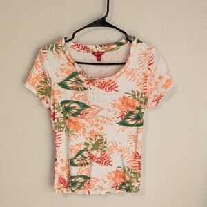 GUESS White Floral Short-Sleeve Scoop Neck Tee with Orange & Green Print Medium